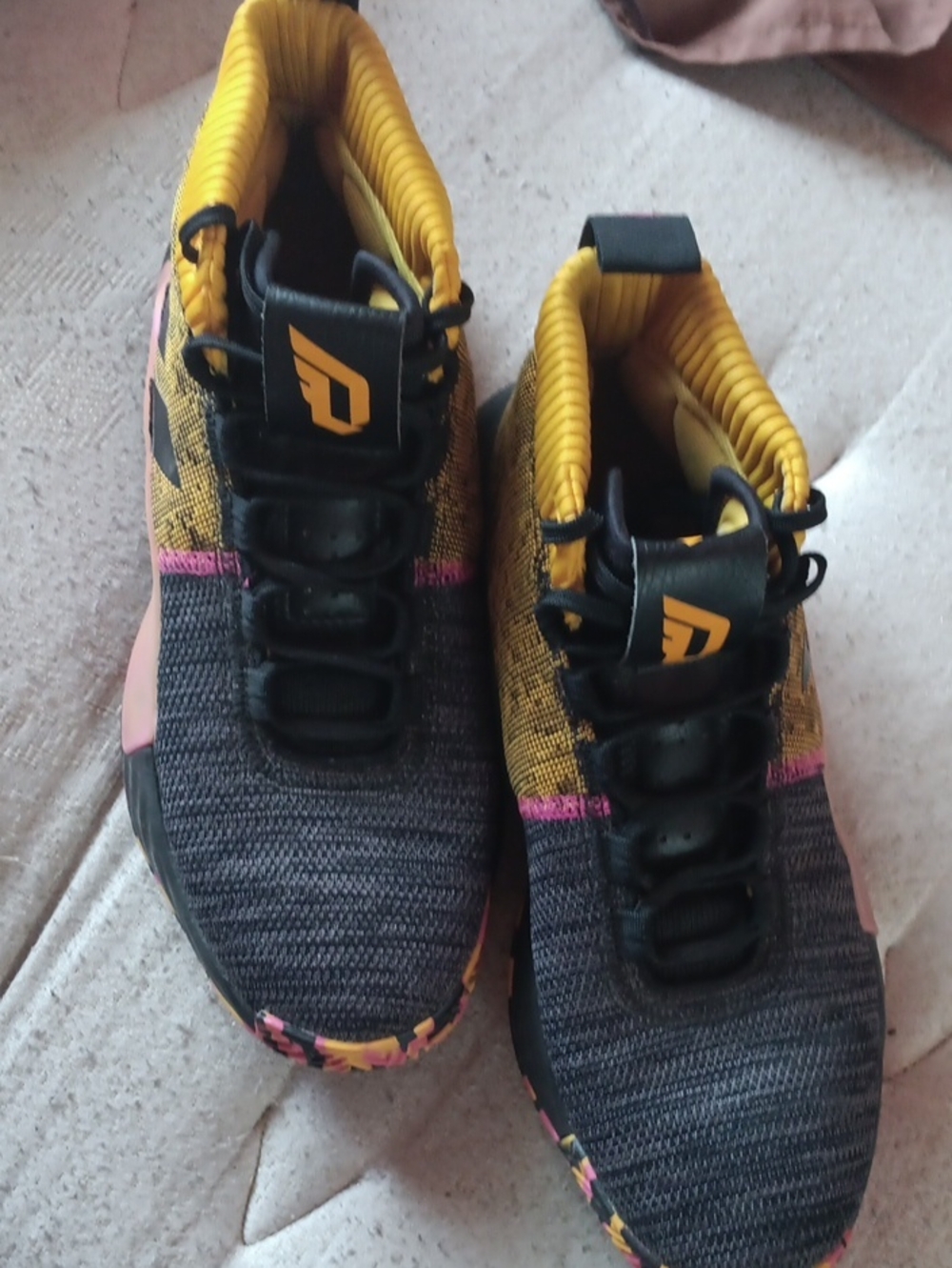 adidas Black and Yellow Athletic Shoes with Pink Accents